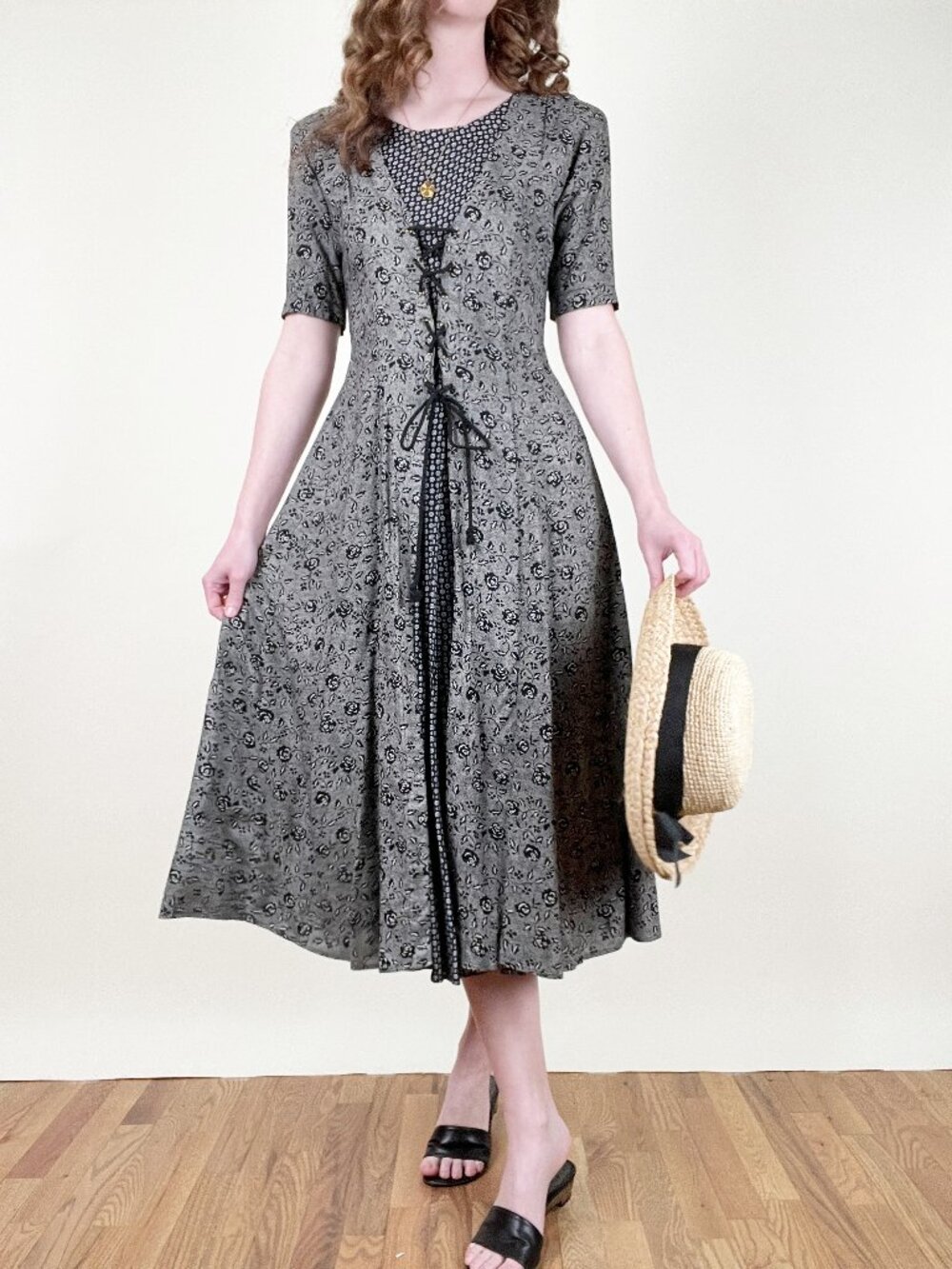 Vintage Lace Up Midi Dress Whimsigoth Corset Grunge Cottagecore Prairie Witchy - Picture 9 of 9